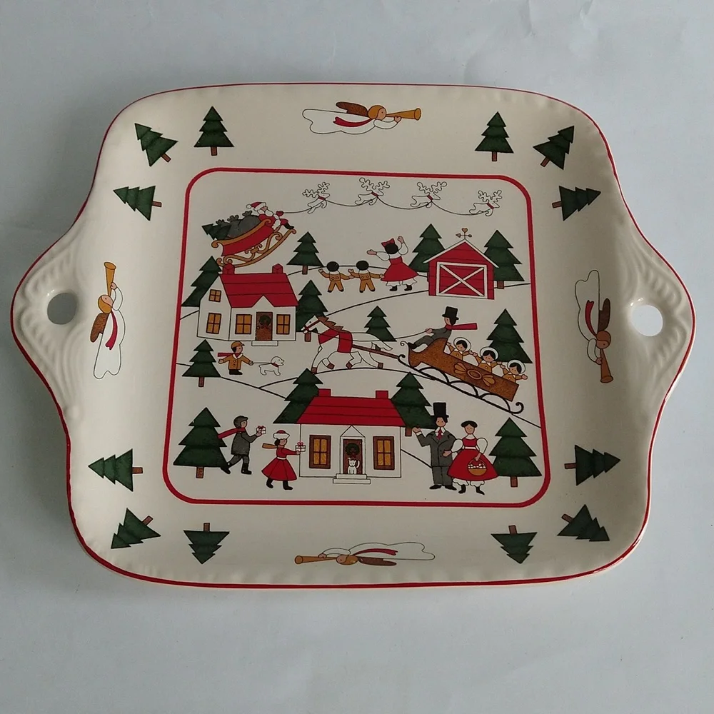 Vintage Masons Christmas Village Square Cake Plate Tab Handles Platter